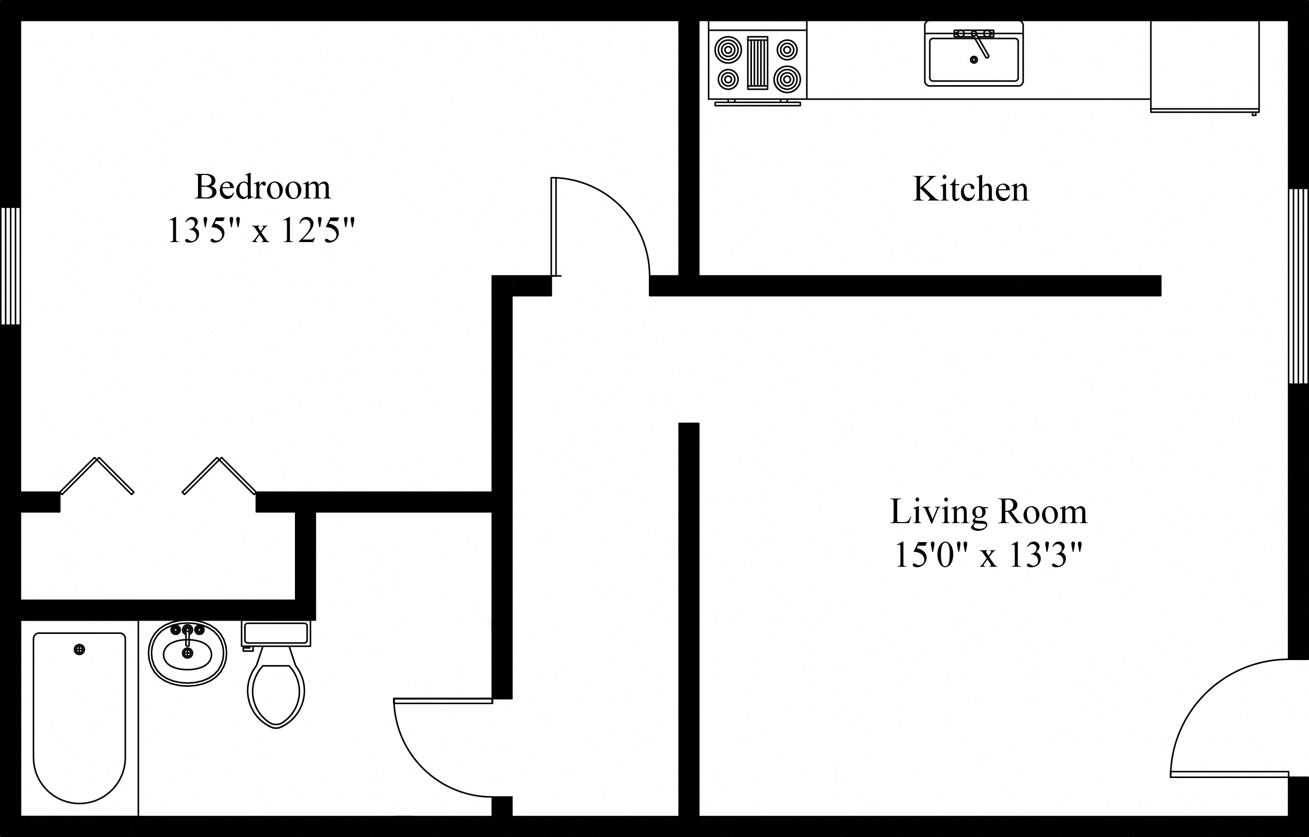 Floor plan for 1 bed, 1 bath